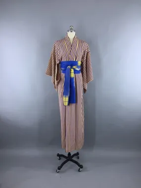 Vintage 1970s Vintage Kimono Robe / Yellow and Blue Stripes