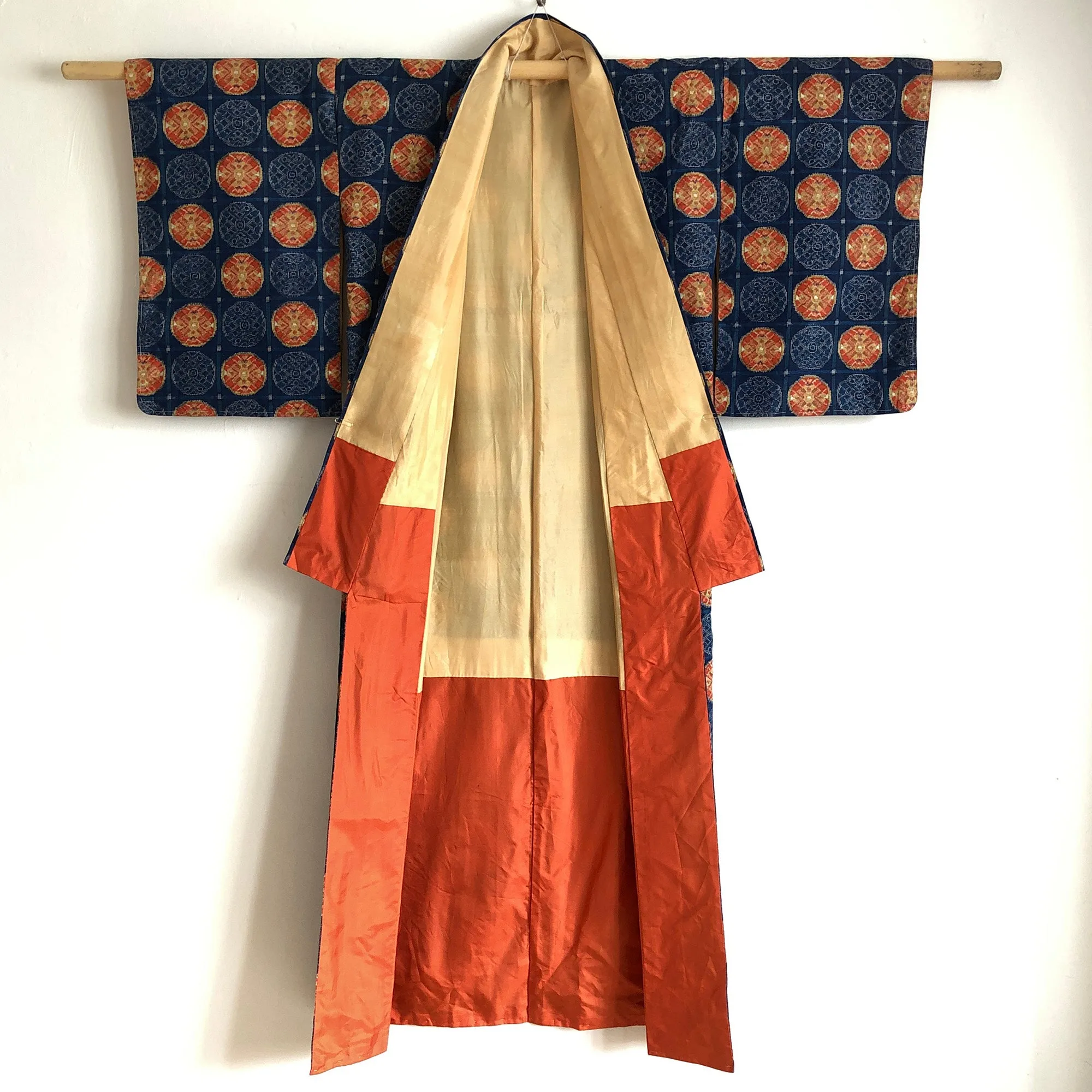 Vintage Japanese Kimono Pure Silk Fully Lined Blue & Orange Ikat Long Kimono