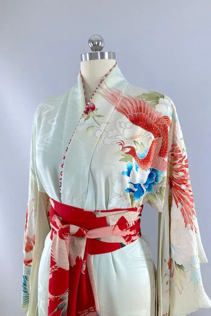 Vintage Mint Green & Pink Peacock Silk Kimono