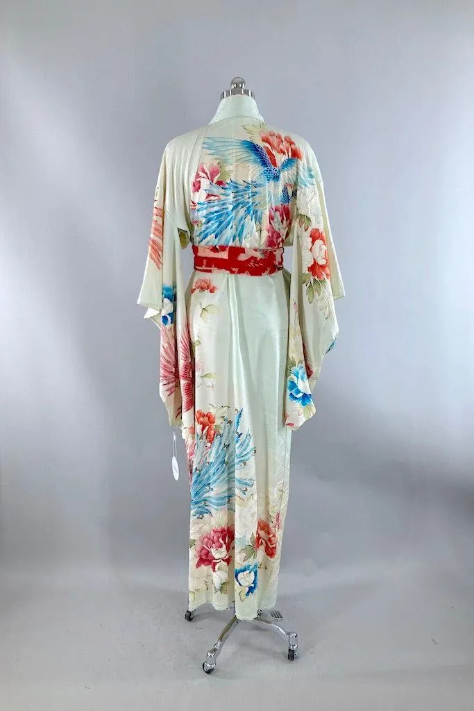 Vintage Mint Green & Pink Peacock Silk Kimono