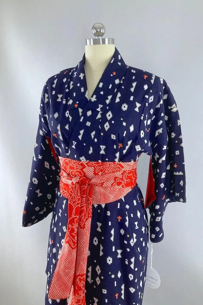 Vintage Navy Geometric Cotton Kimono