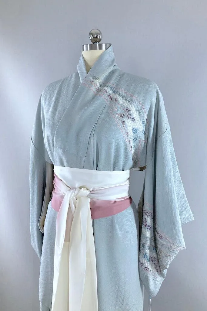 Vintage Pale Blue Grey Shibori Silk Kimono