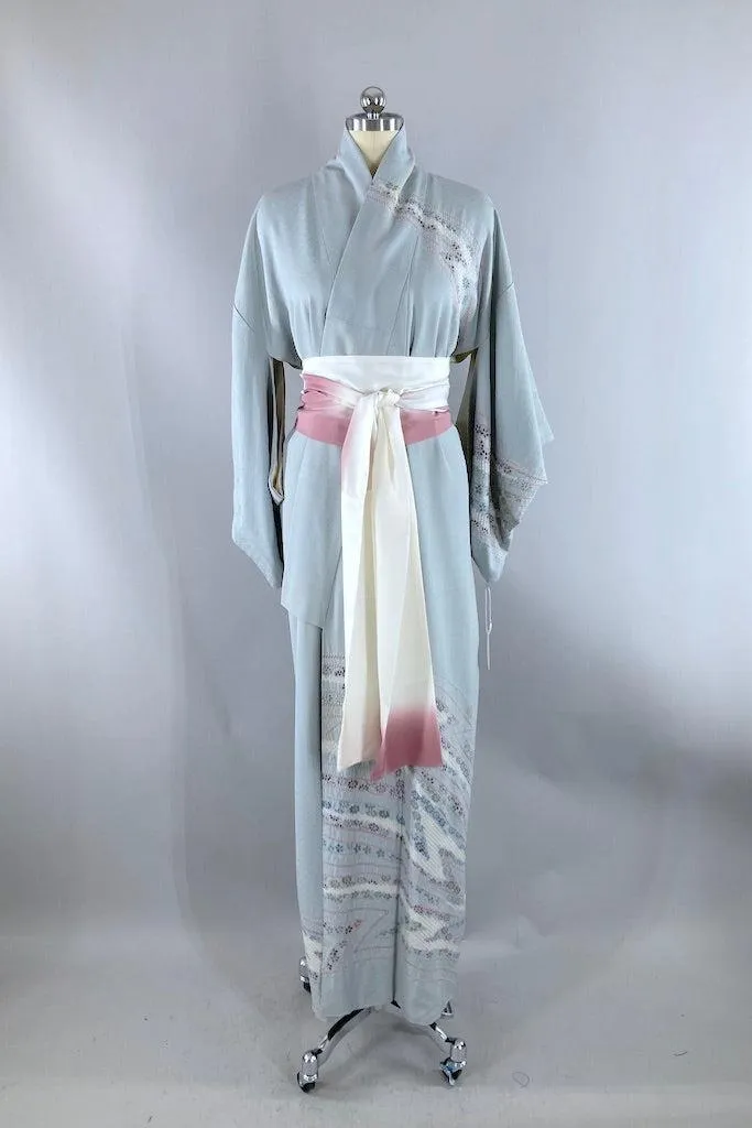 Vintage Pale Blue Grey Shibori Silk Kimono