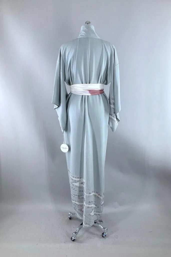 Vintage Pale Blue Grey Shibori Silk Kimono