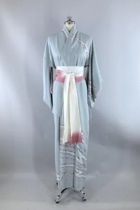 Vintage Pale Blue Grey Shibori Silk Kimono