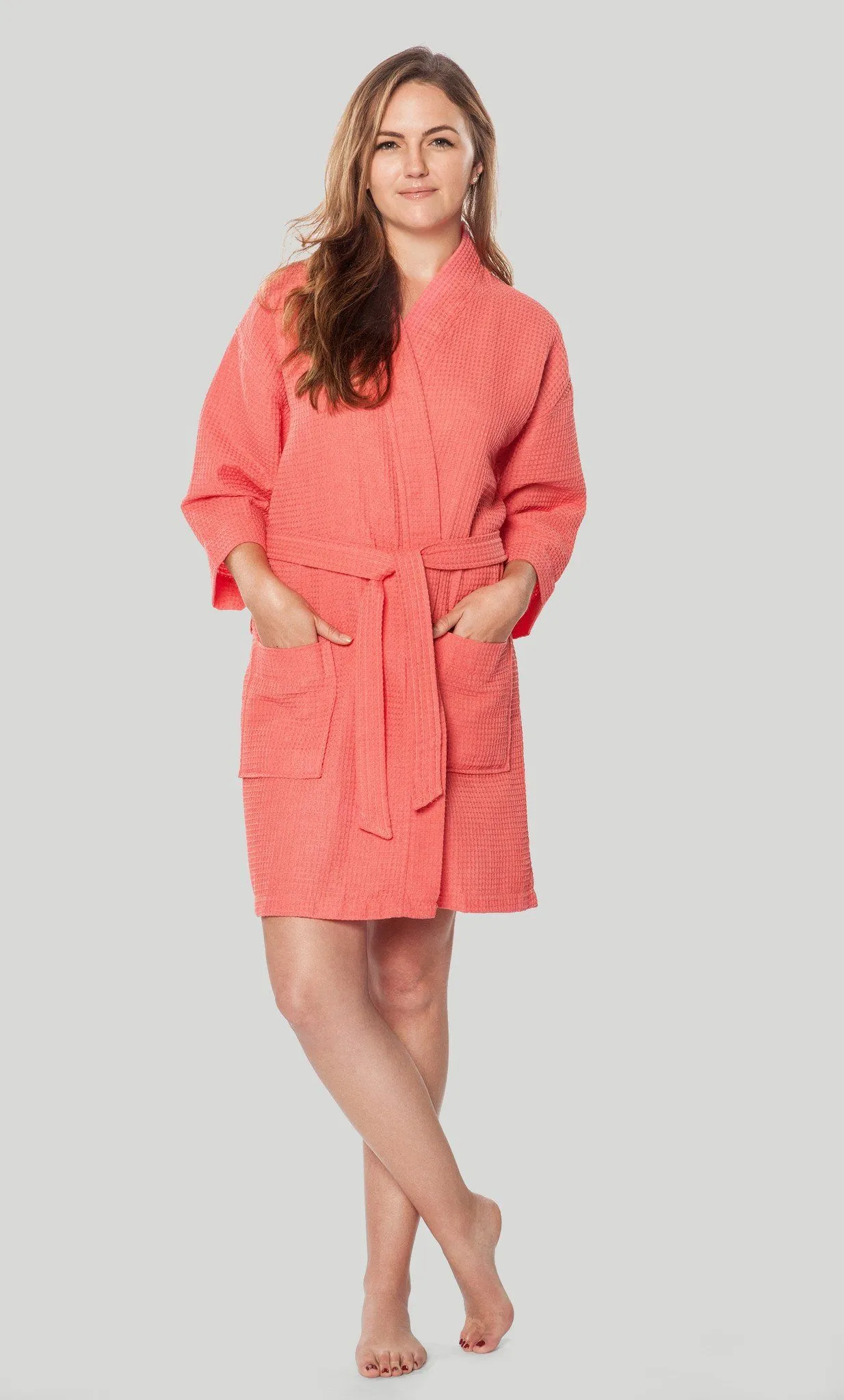 Waffle Kimono Coral Short Robe