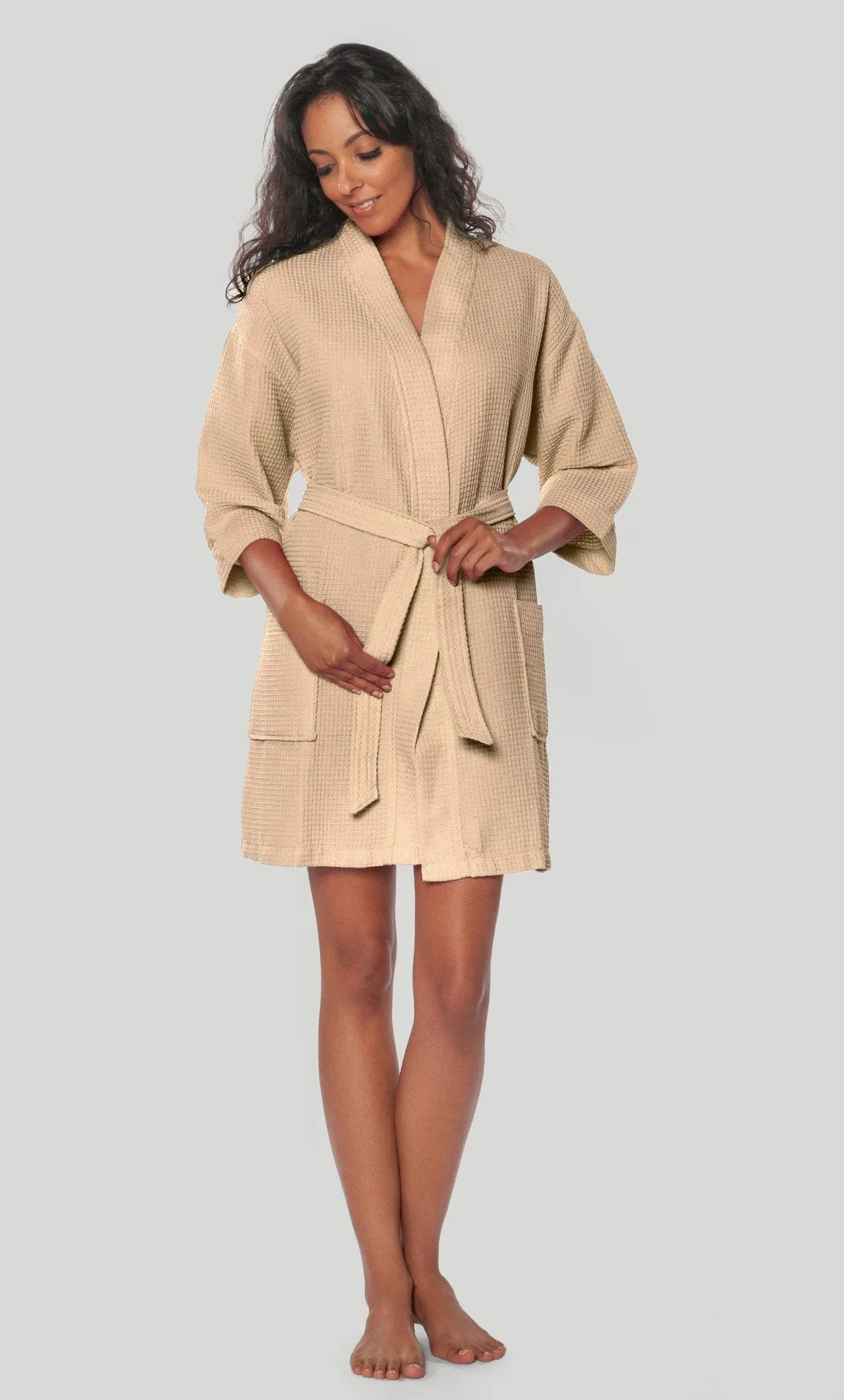 Waffle Kimono Taupe Short Robe