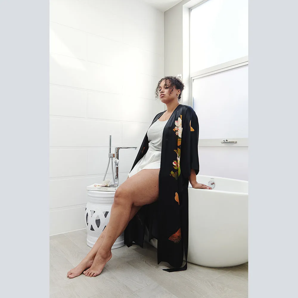 Washable Silk Peony & Butterfly Long Kimono Robe (Plus Size)