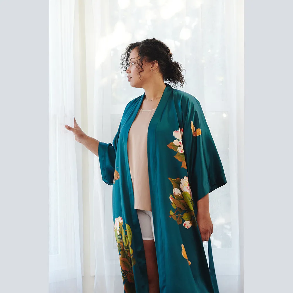 Washable Silk Peony & Butterfly Long Kimono Robe (Plus Size)