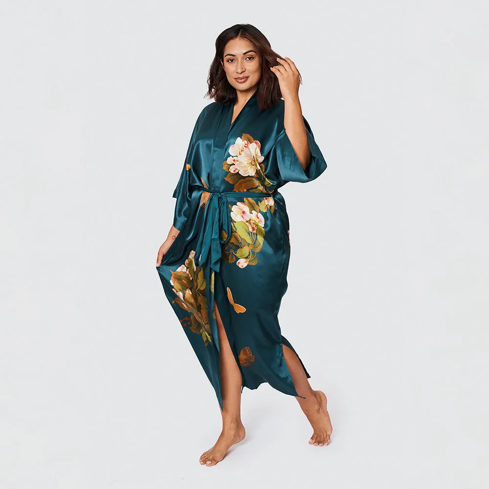 Washable Silk Peony & Butterfly Long Kimono Robe (Plus Size)