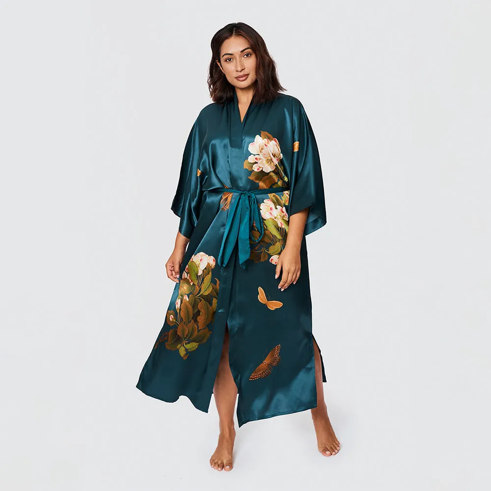 Washable Silk Peony & Butterfly Long Kimono Robe (Plus Size)