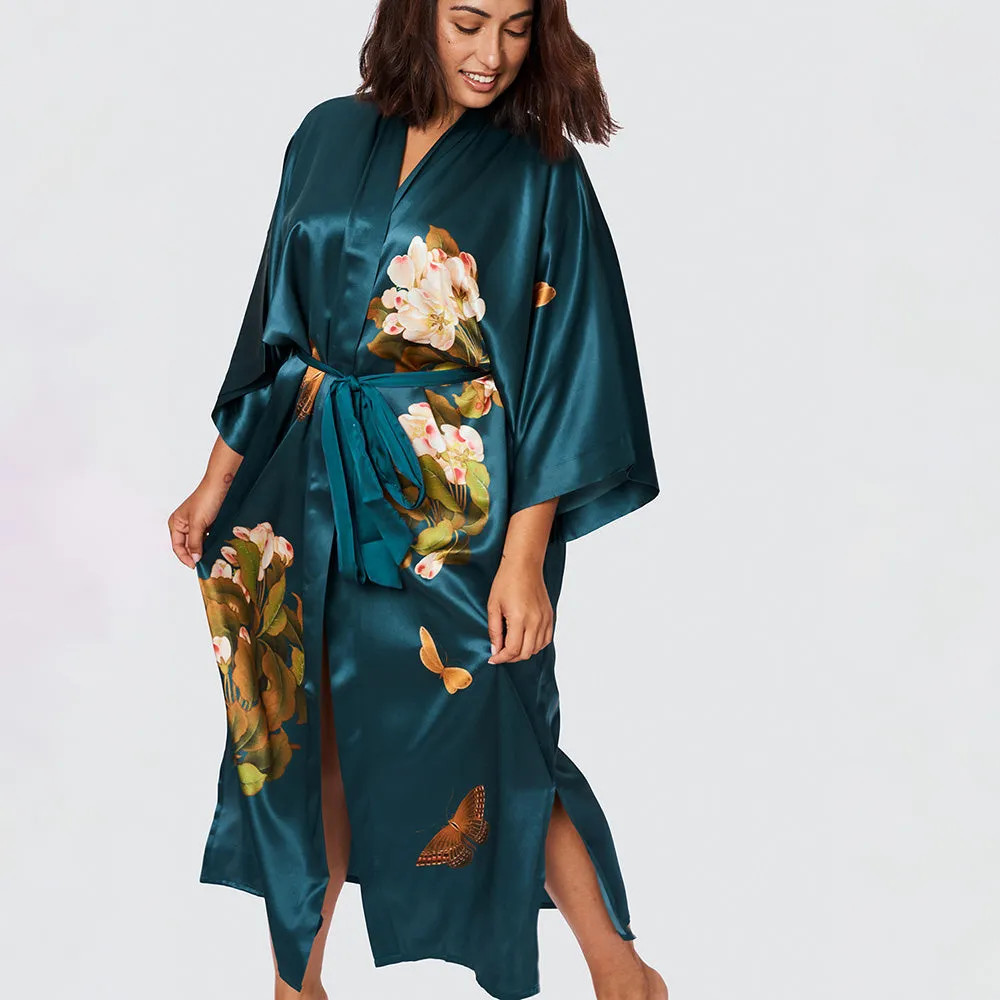 Washable Silk Peony & Butterfly Long Kimono Robe (Plus Size)