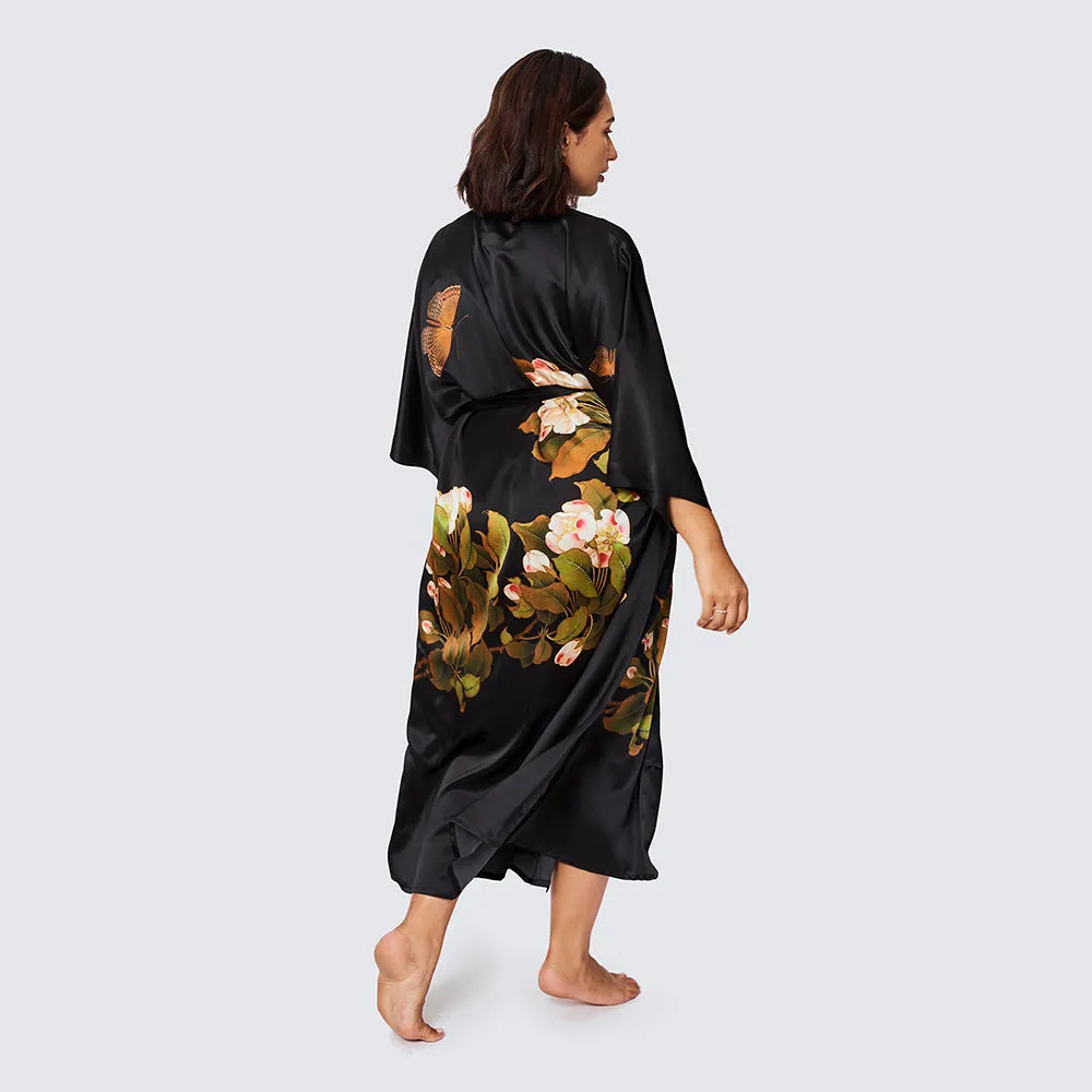 Washable Silk Peony & Butterfly Long Kimono Robe (Plus Size)