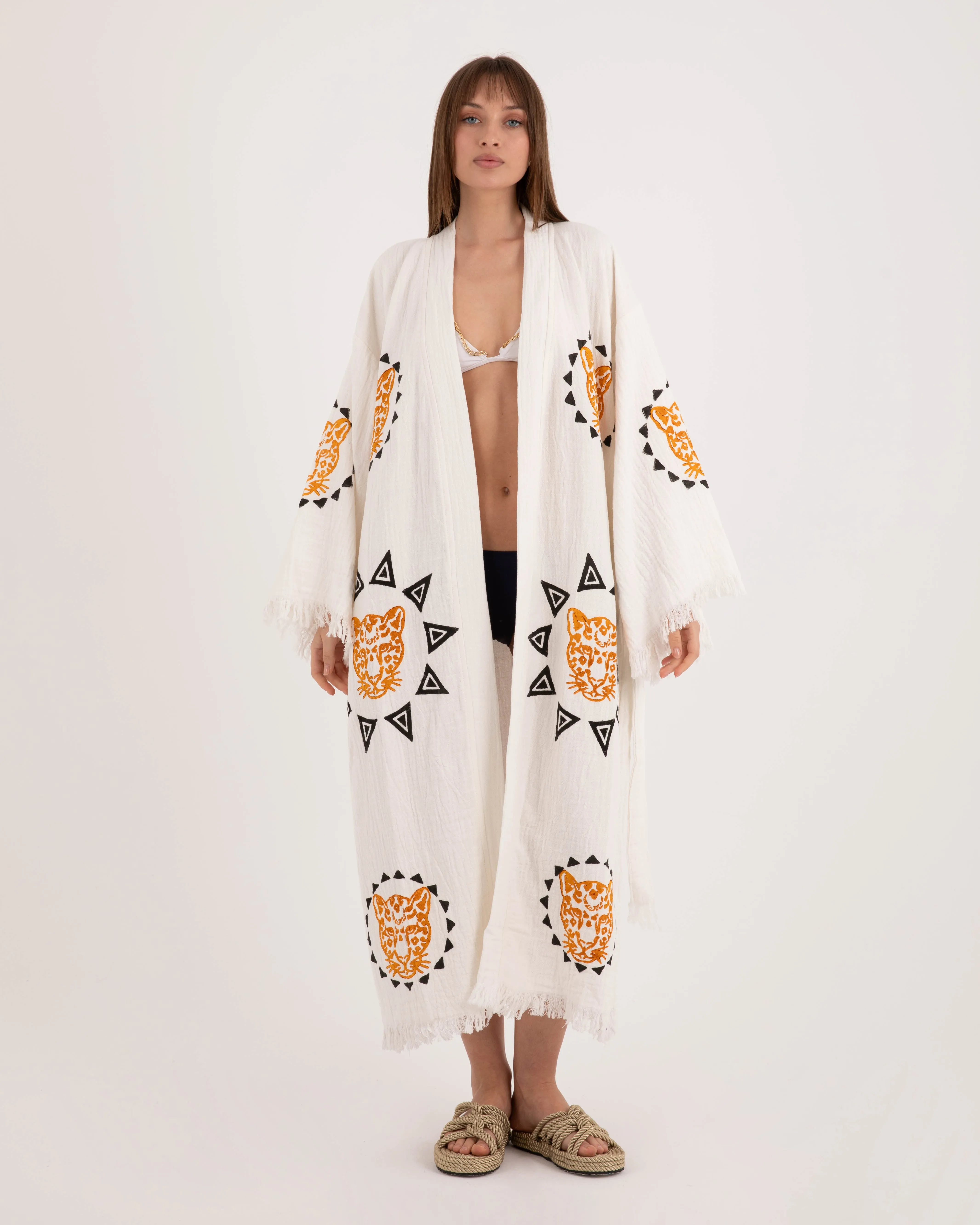 White Kimono with Orange Black Leopard Pattern