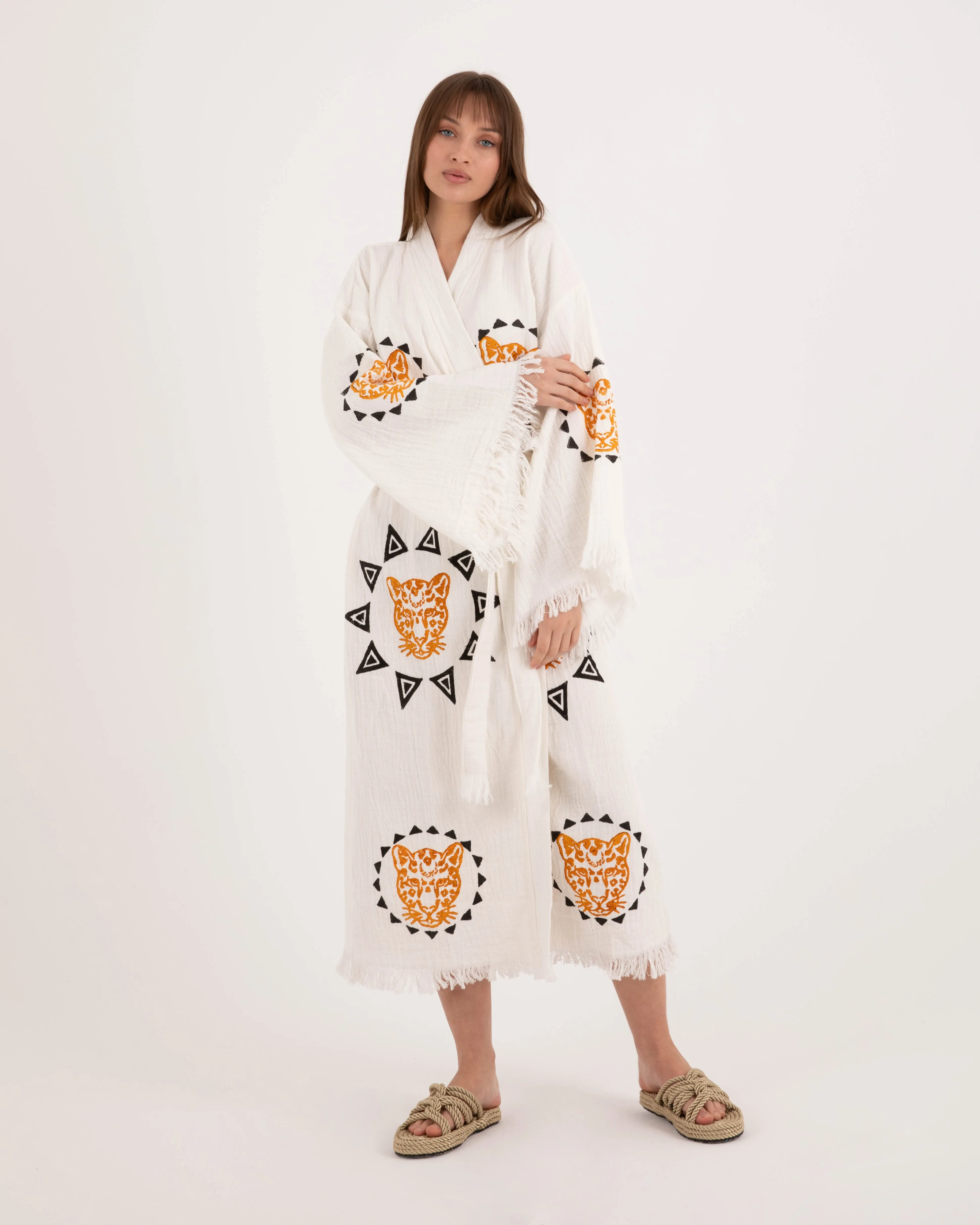 White Kimono with Orange Black Leopard Pattern