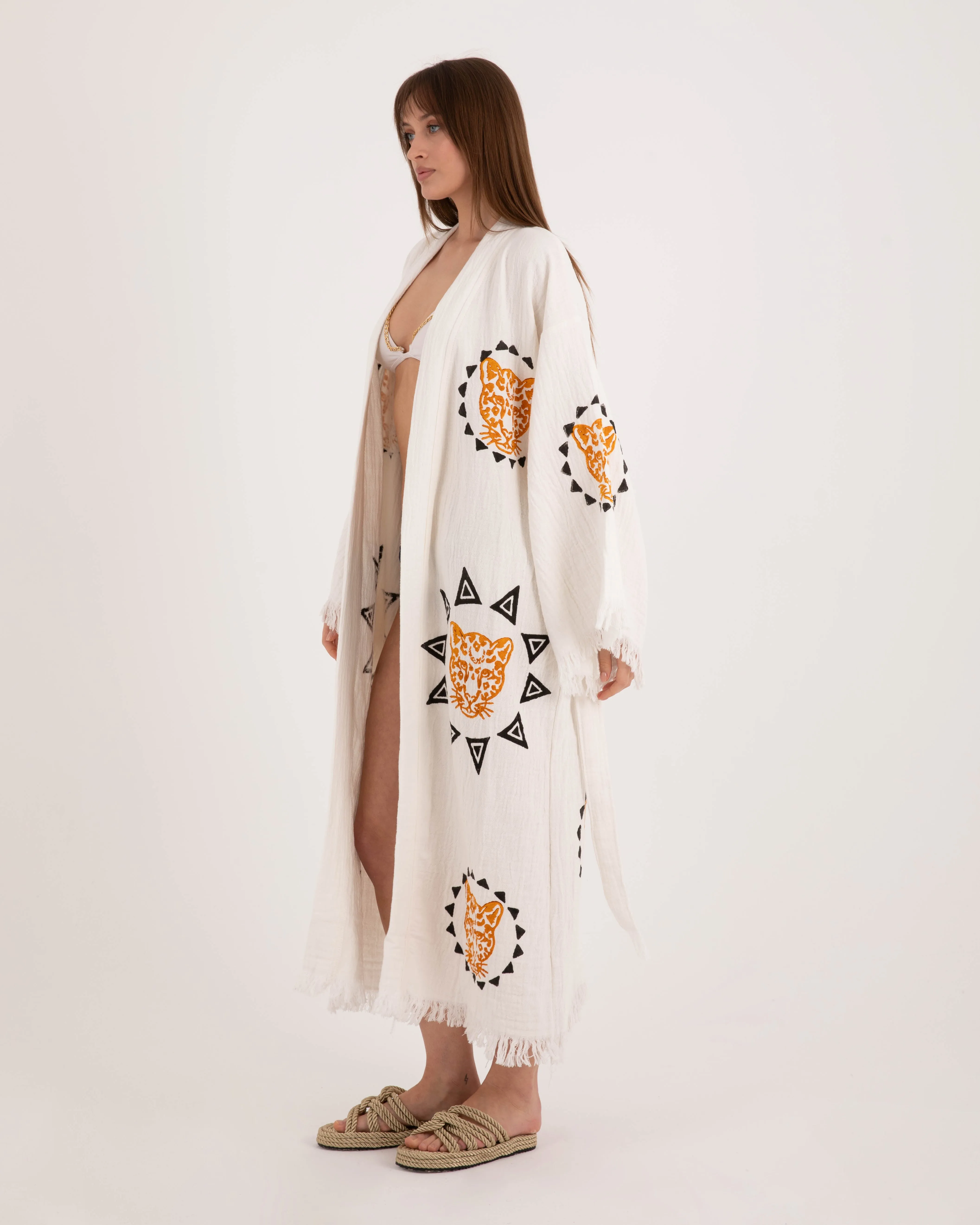 White Kimono with Orange Black Leopard Pattern