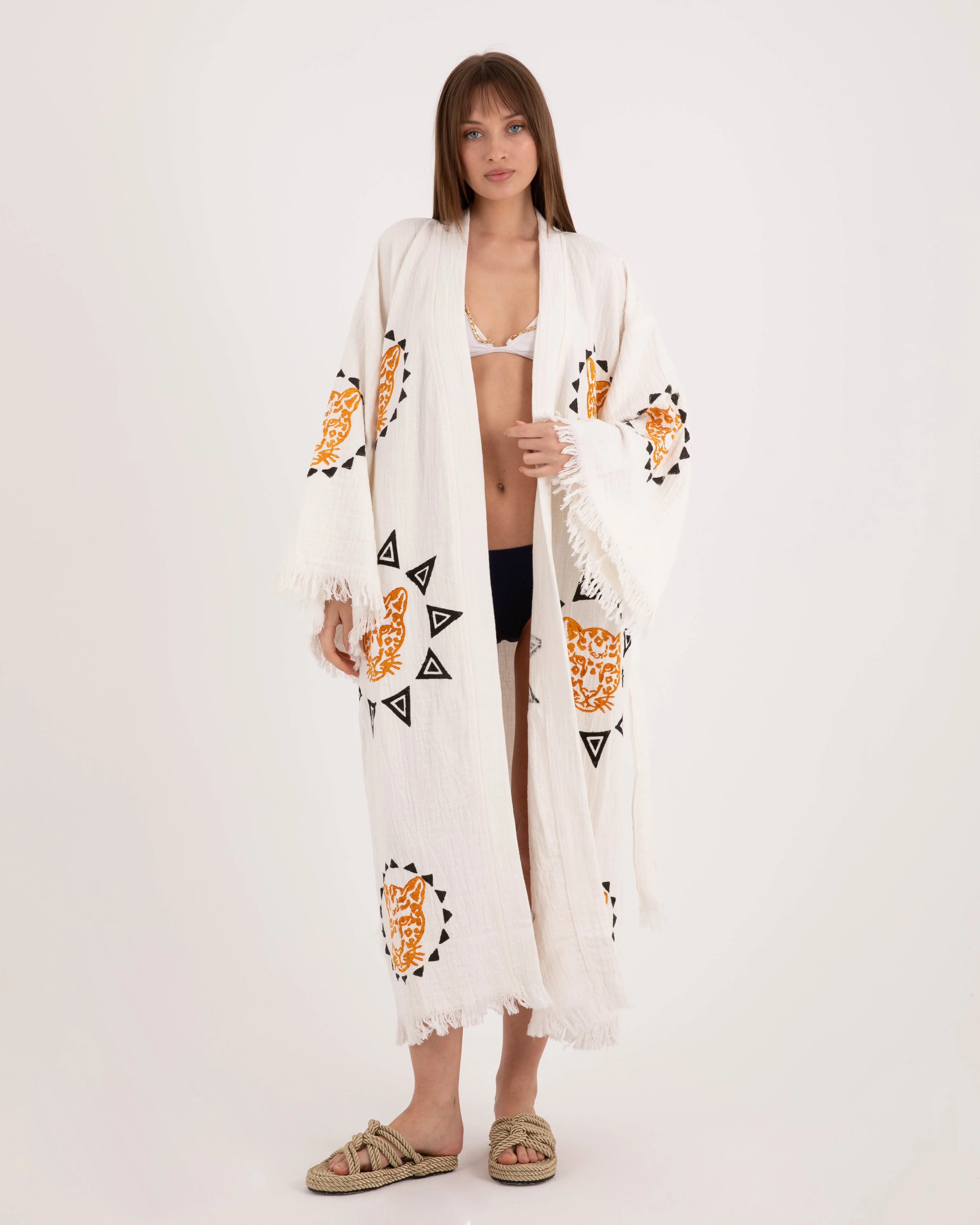 White Kimono with Orange Black Leopard Pattern