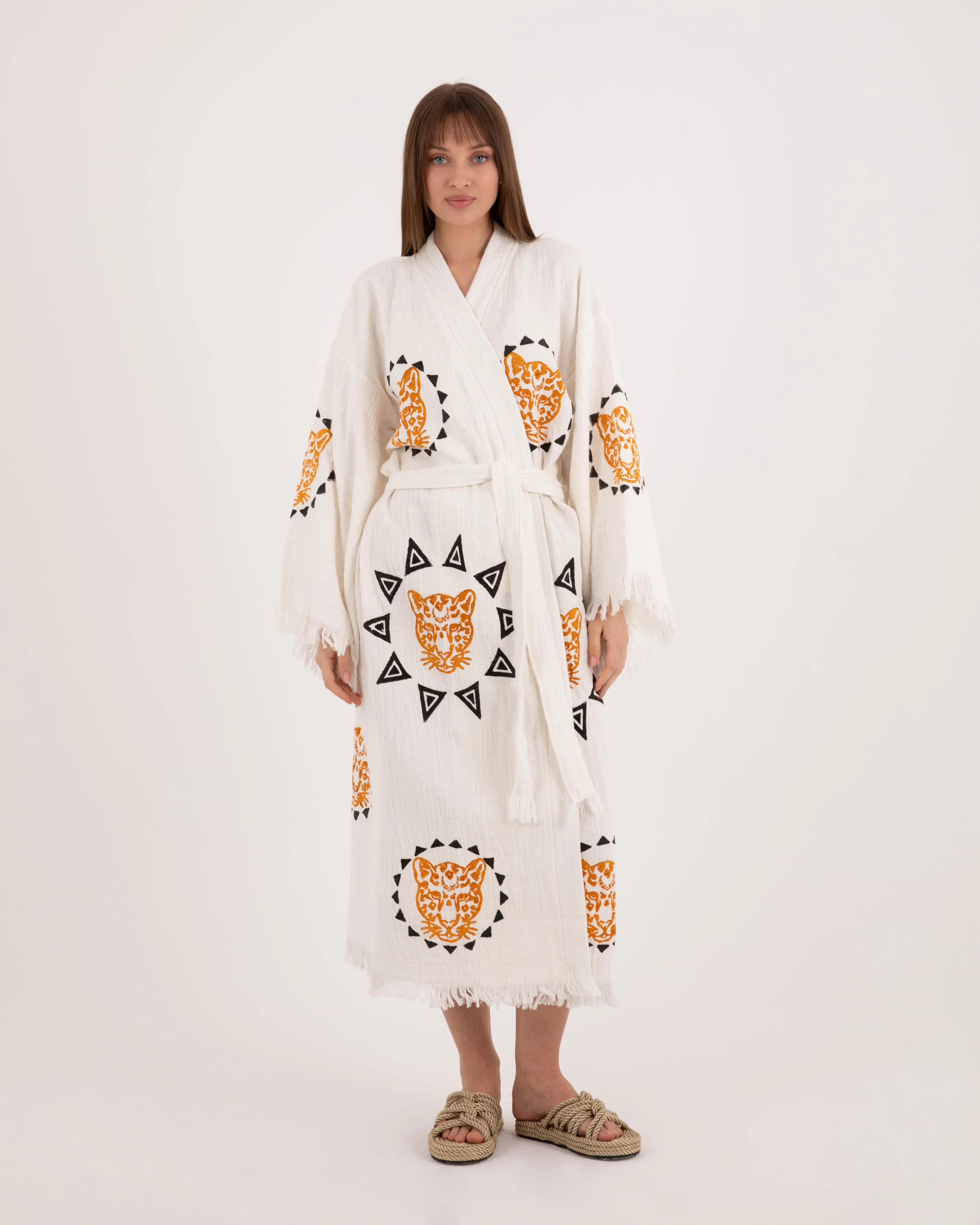 White Kimono with Orange Black Leopard Pattern