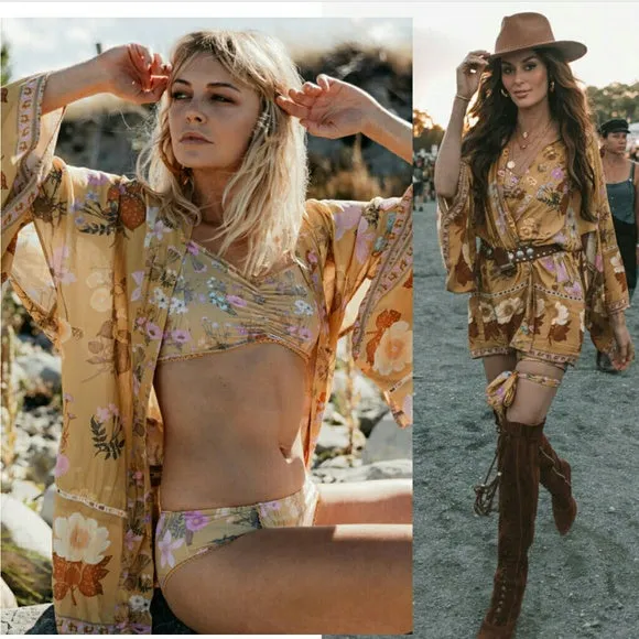 Wild Bloom Kimono Yellow Or Pink You Choose Floral Print With Big Flowers Bohemian Border And Waist Tie Great With Jeans Or Wear As A Bikini Cover Available In Small Medium Or Large