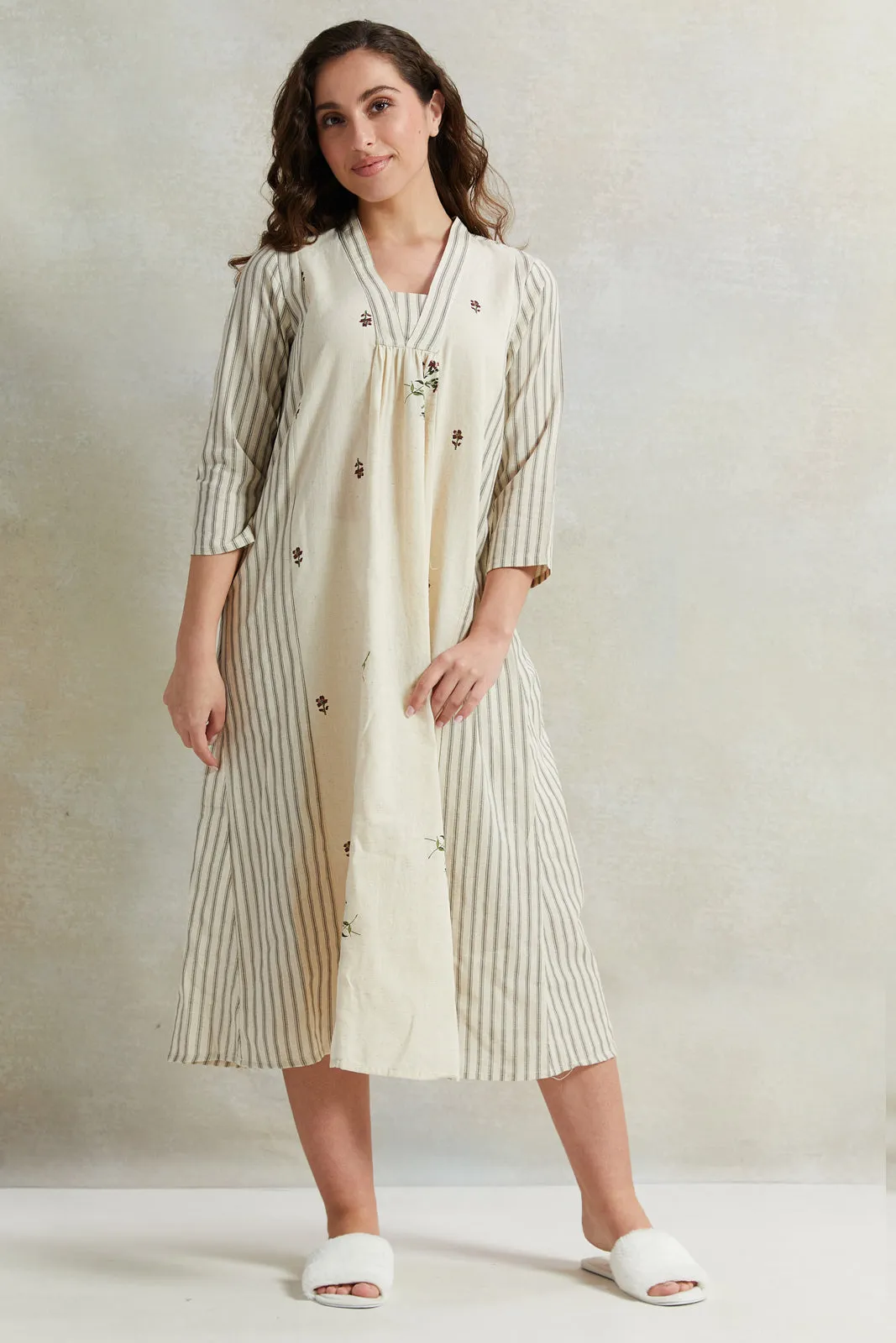 Women Beige Kimono Cotton Nightgown