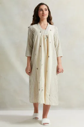 Women Beige Kimono Cotton Nightgown