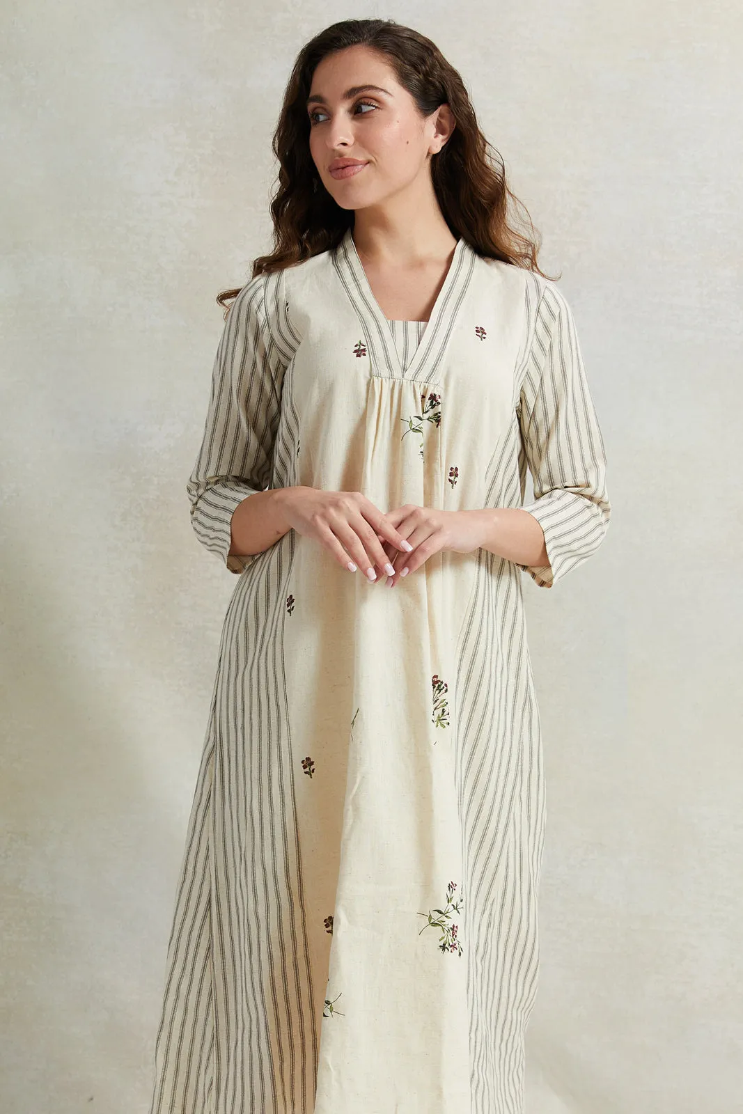 Women Beige Kimono Cotton Nightgown