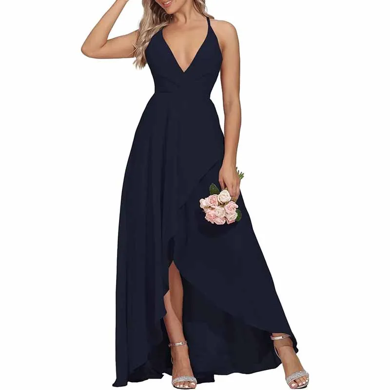 Women Chiffon Bridesmaid Dresses V Neck High Low Wedding Guest Dress Party Gown