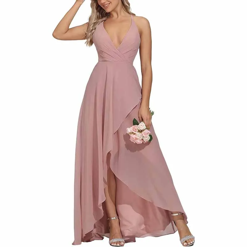 Women Chiffon Bridesmaid Dresses V Neck High Low Wedding Guest Dress Party Gown