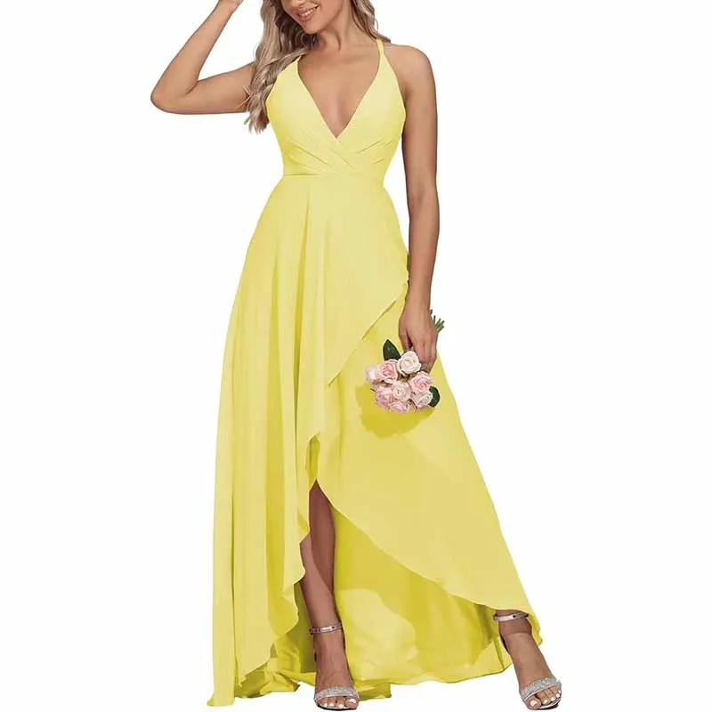 Women Chiffon Bridesmaid Dresses V Neck High Low Wedding Guest Dress Party Gown