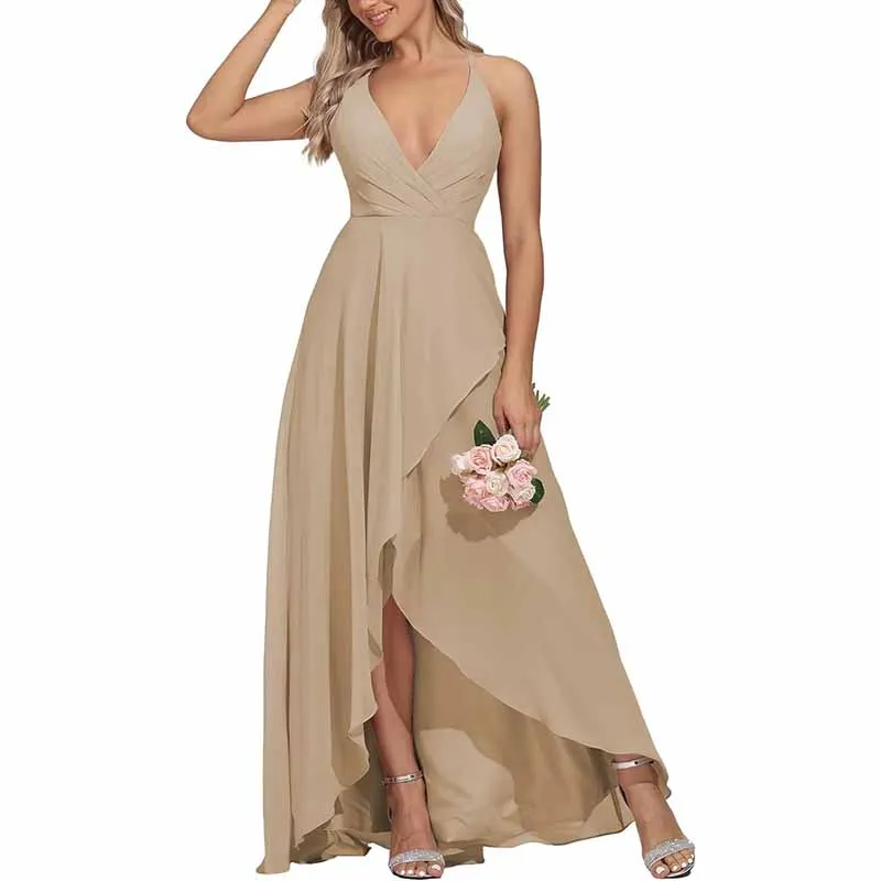 Women Chiffon Bridesmaid Dresses V Neck High Low Wedding Guest Dress Party Gown