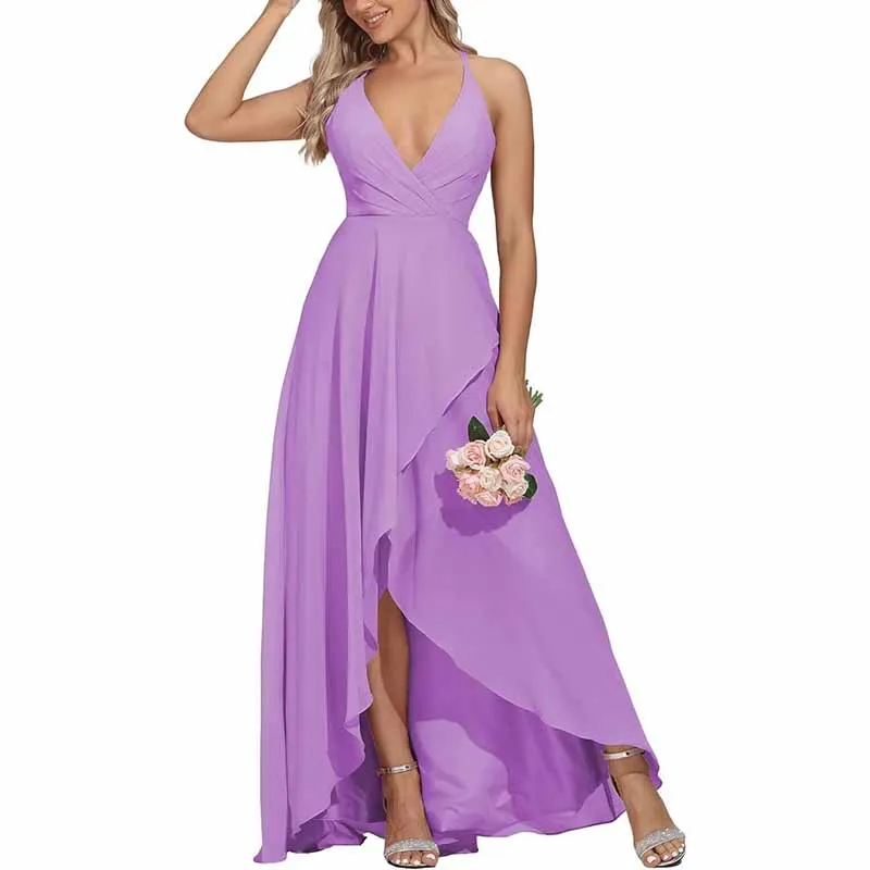 Women Chiffon Bridesmaid Dresses V Neck High Low Wedding Guest Dress Party Gown