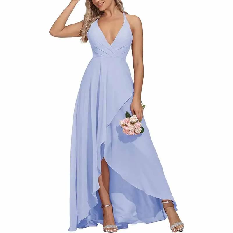 Women Chiffon Bridesmaid Dresses V Neck High Low Wedding Guest Dress Party Gown