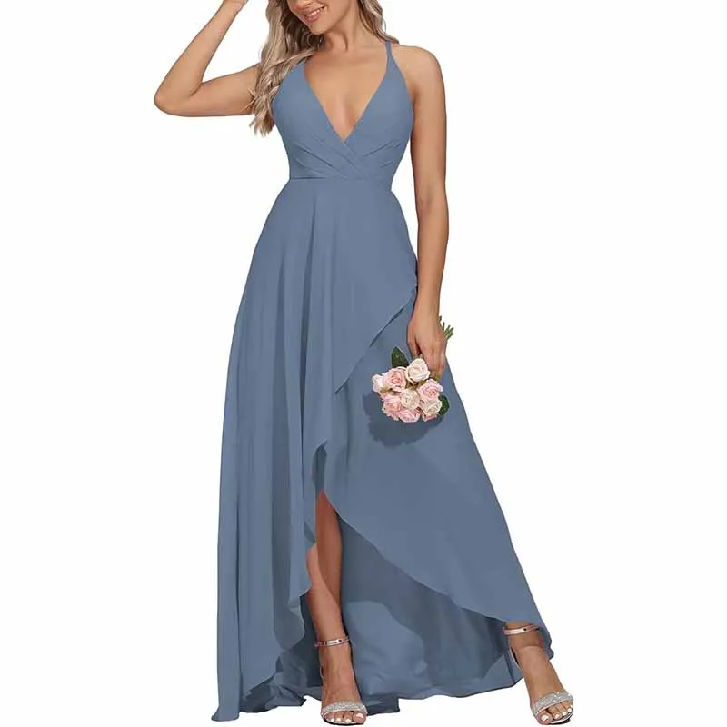 Women Chiffon Bridesmaid Dresses V Neck High Low Wedding Guest Dress Party Gown