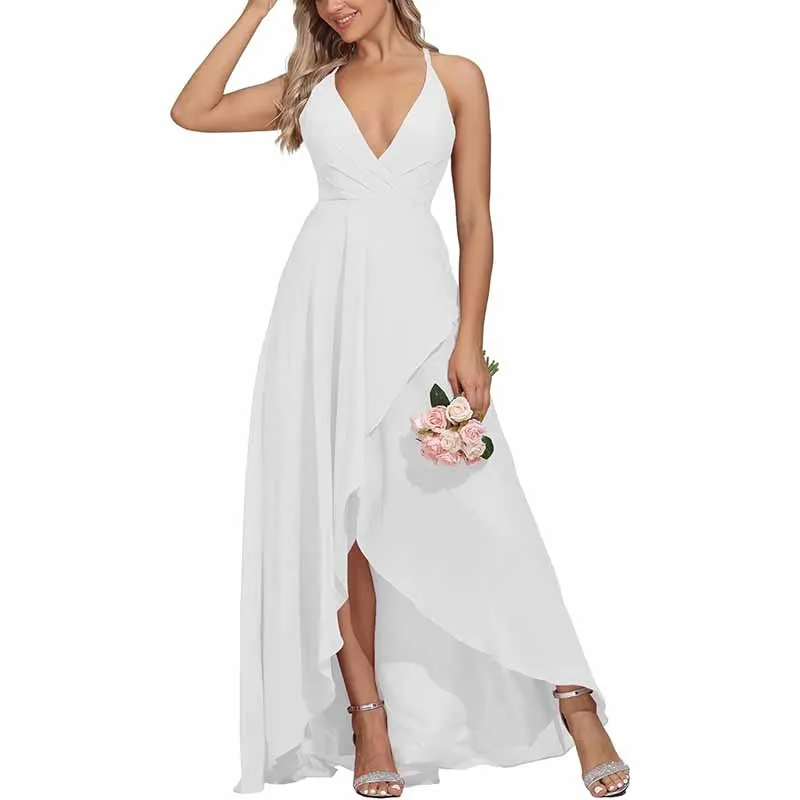 Women Chiffon Bridesmaid Dresses V Neck High Low Wedding Guest Dress Party Gown