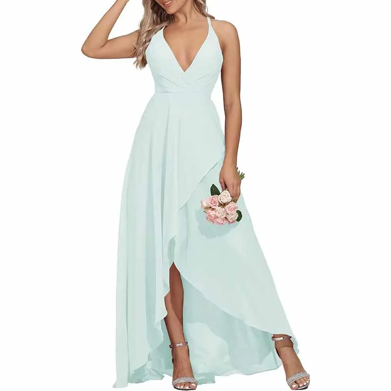 Women Chiffon Bridesmaid Dresses V Neck High Low Wedding Guest Dress Party Gown