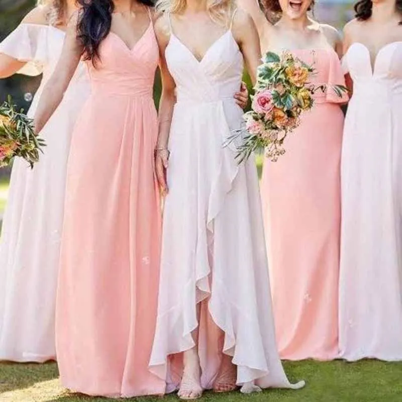 Women Chiffon Bridesmaid Dresses V Neck High Low Wedding Guest Dress Party Gown