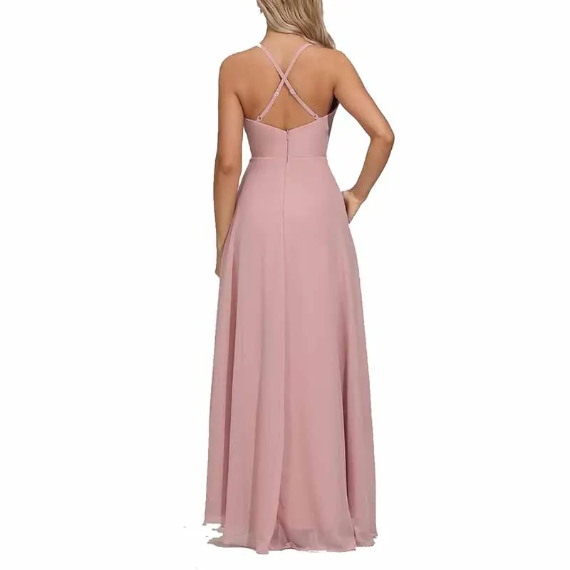 Women Chiffon Bridesmaid Dresses V Neck High Low Wedding Guest Dress Party Gown