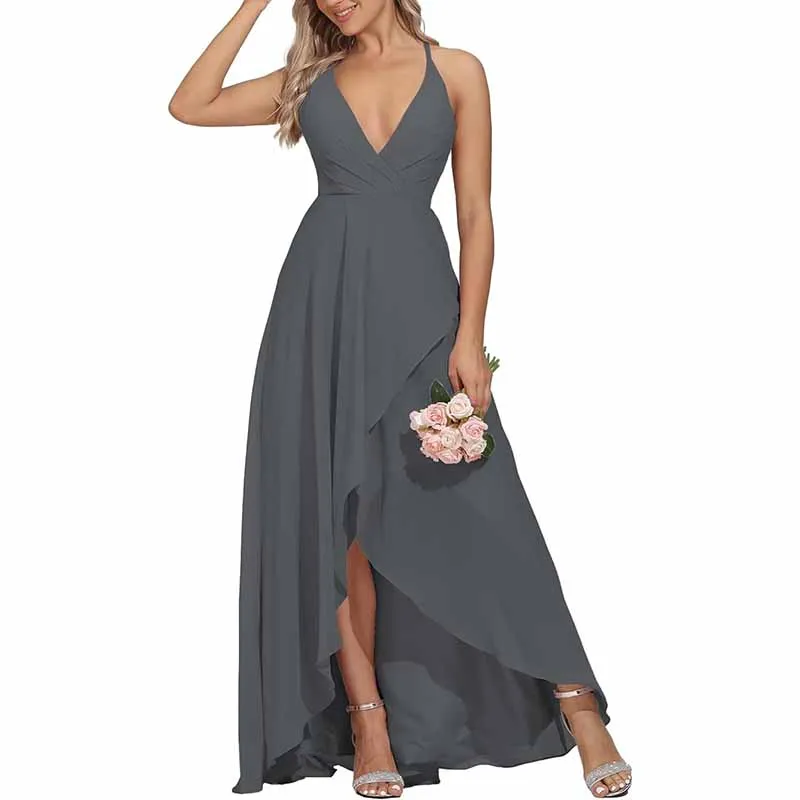 Women Chiffon Bridesmaid Dresses V Neck High Low Wedding Guest Dress Party Gown