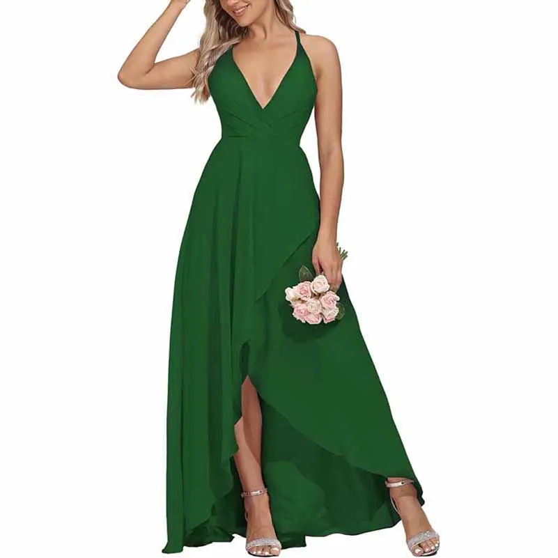 Women Chiffon Bridesmaid Dresses V Neck High Low Wedding Guest Dress Party Gown