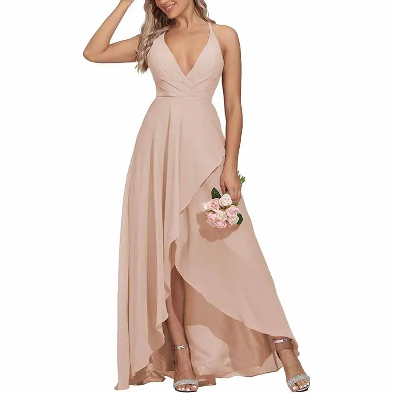 Women Chiffon Bridesmaid Dresses V Neck High Low Wedding Guest Dress Party Gown