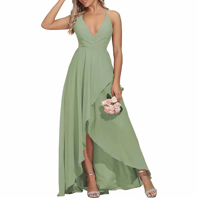 Women Chiffon Bridesmaid Dresses V Neck High Low Wedding Guest Dress Party Gown