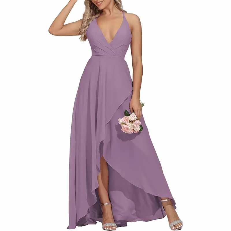 Women Chiffon Bridesmaid Dresses V Neck High Low Wedding Guest Dress Party Gown