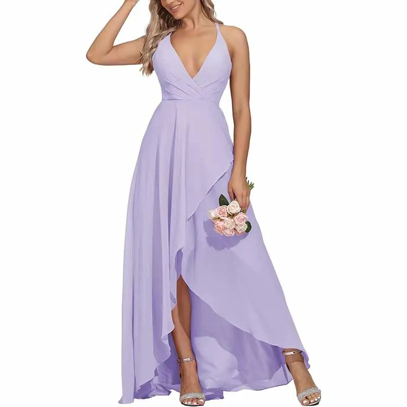 Women Chiffon Bridesmaid Dresses V Neck High Low Wedding Guest Dress Party Gown