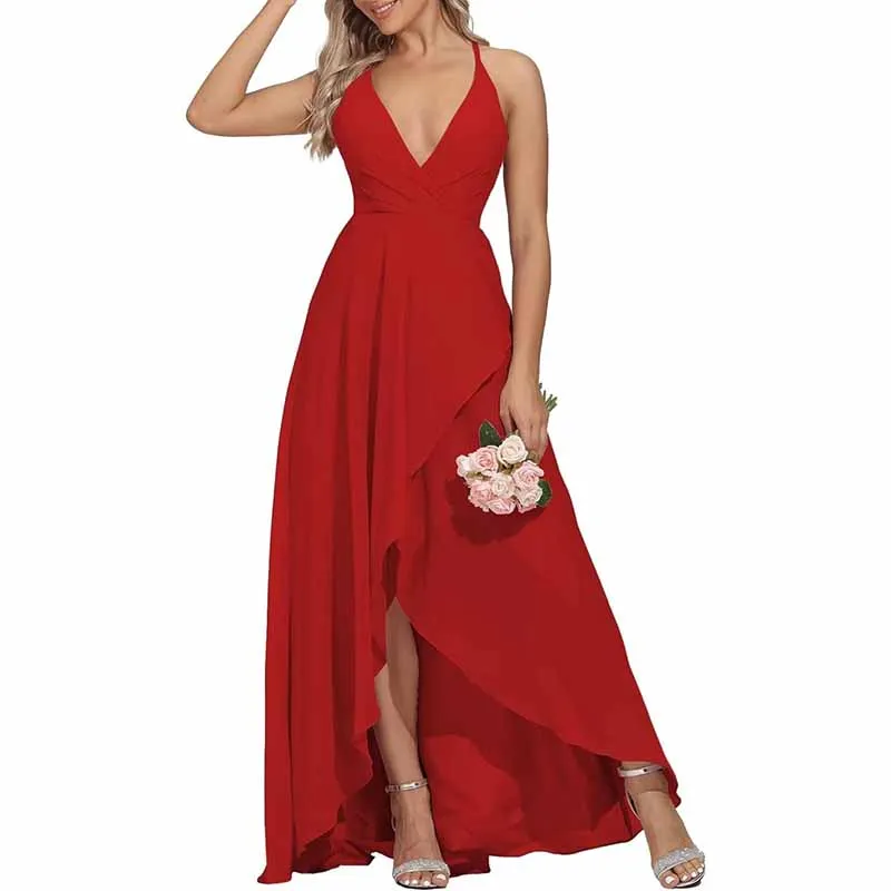 Women Chiffon Bridesmaid Dresses V Neck High Low Wedding Guest Dress Party Gown