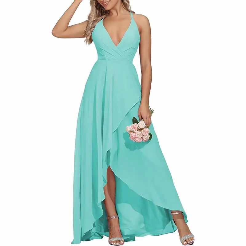 Women Chiffon Bridesmaid Dresses V Neck High Low Wedding Guest Dress Party Gown