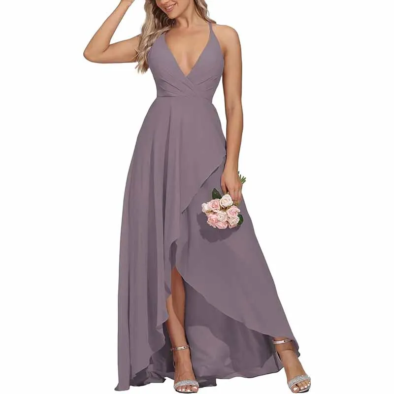 Women Chiffon Bridesmaid Dresses V Neck High Low Wedding Guest Dress Party Gown