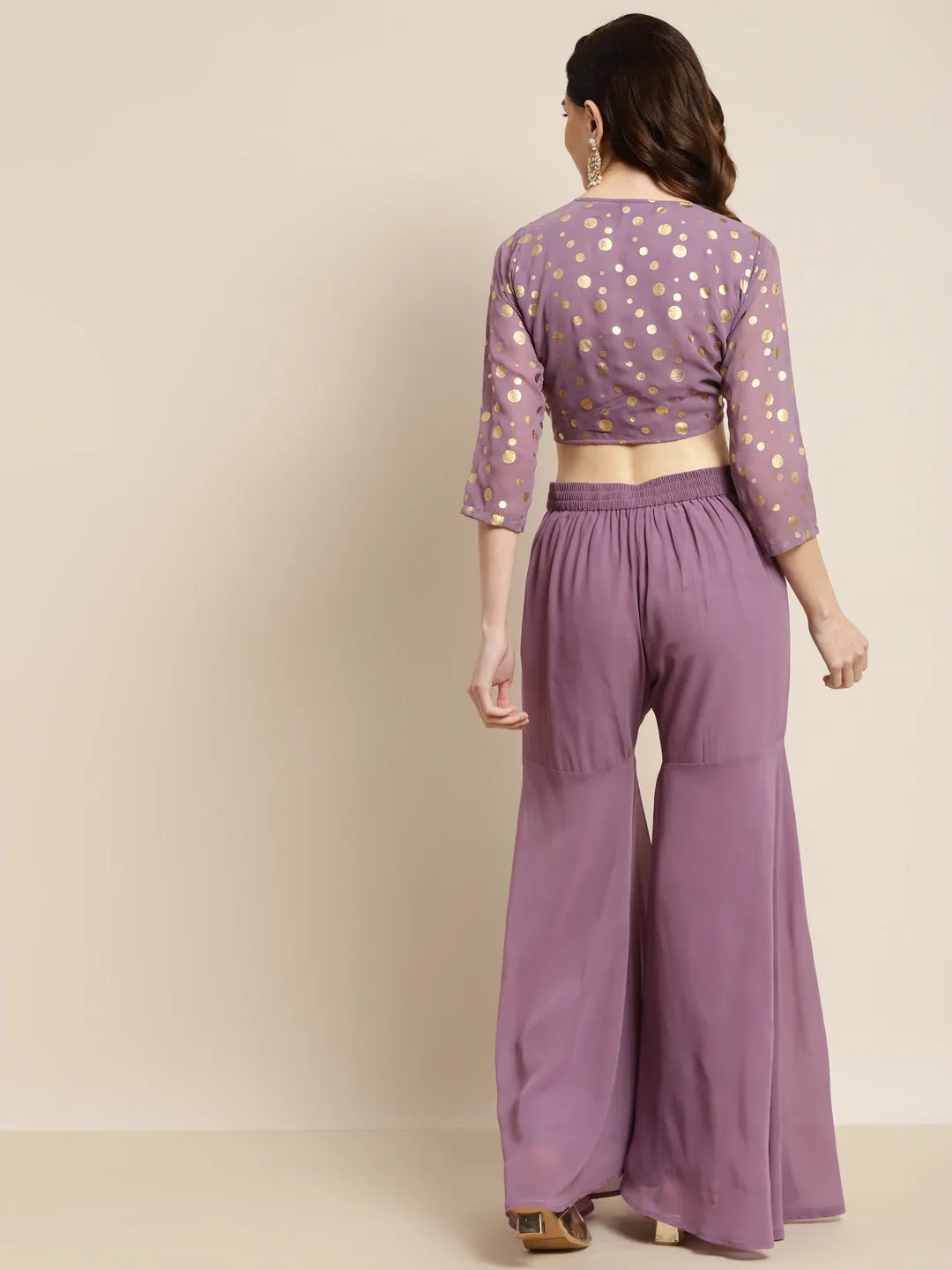 Women Purple Foil Print Crop Top With Sharara Pants