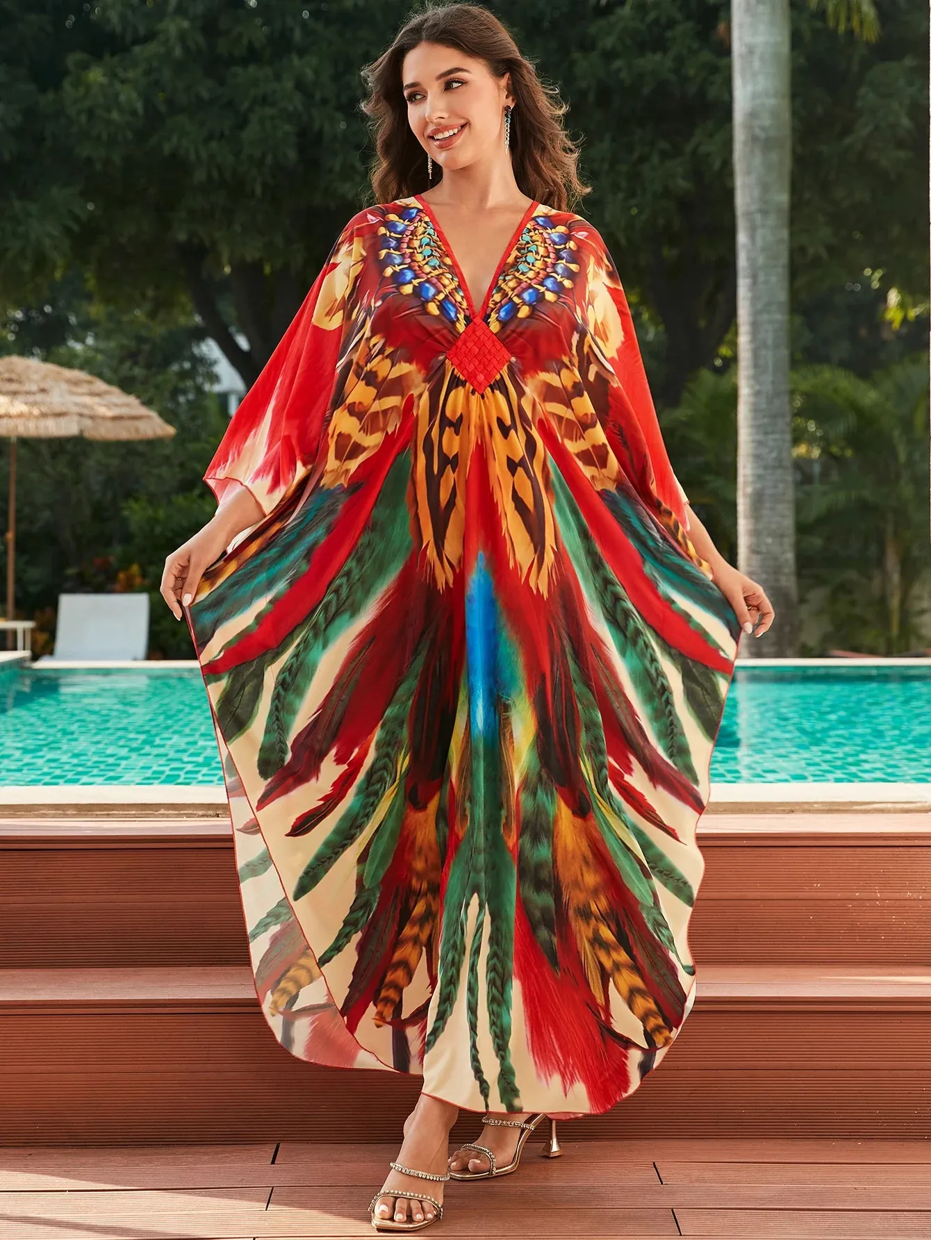 Women's Boho Red Feather Printed Kaftan