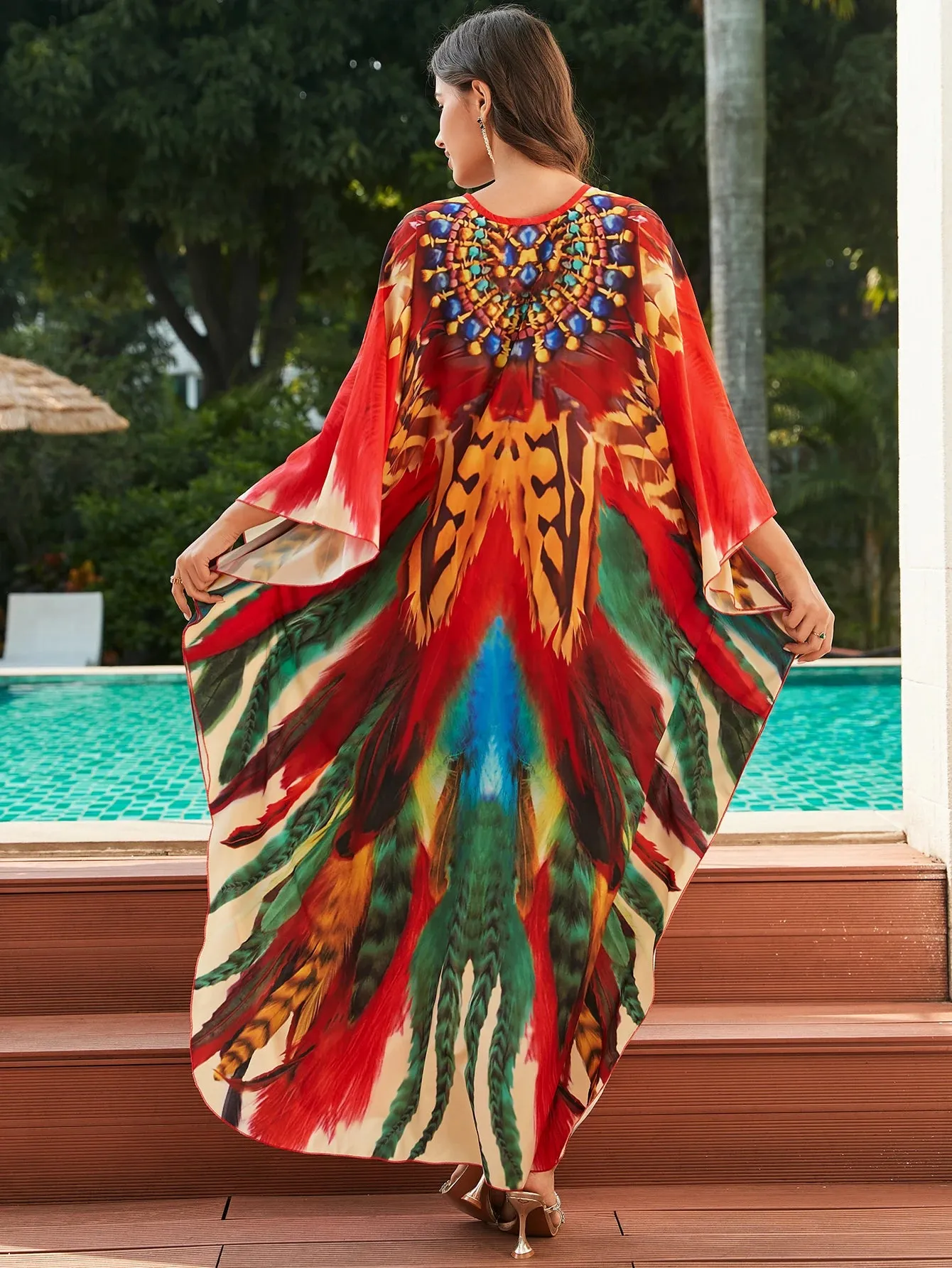 Women's Boho Red Feather Printed Kaftan