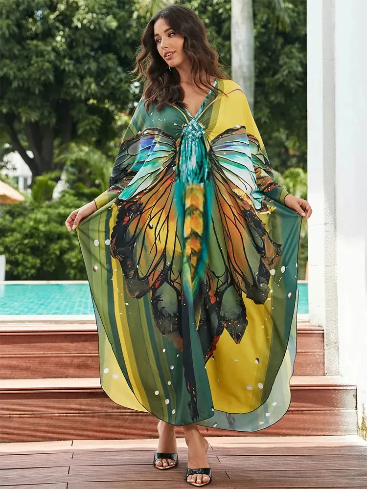 Women's Butterfly Print Batwing Sleeve Kaftan